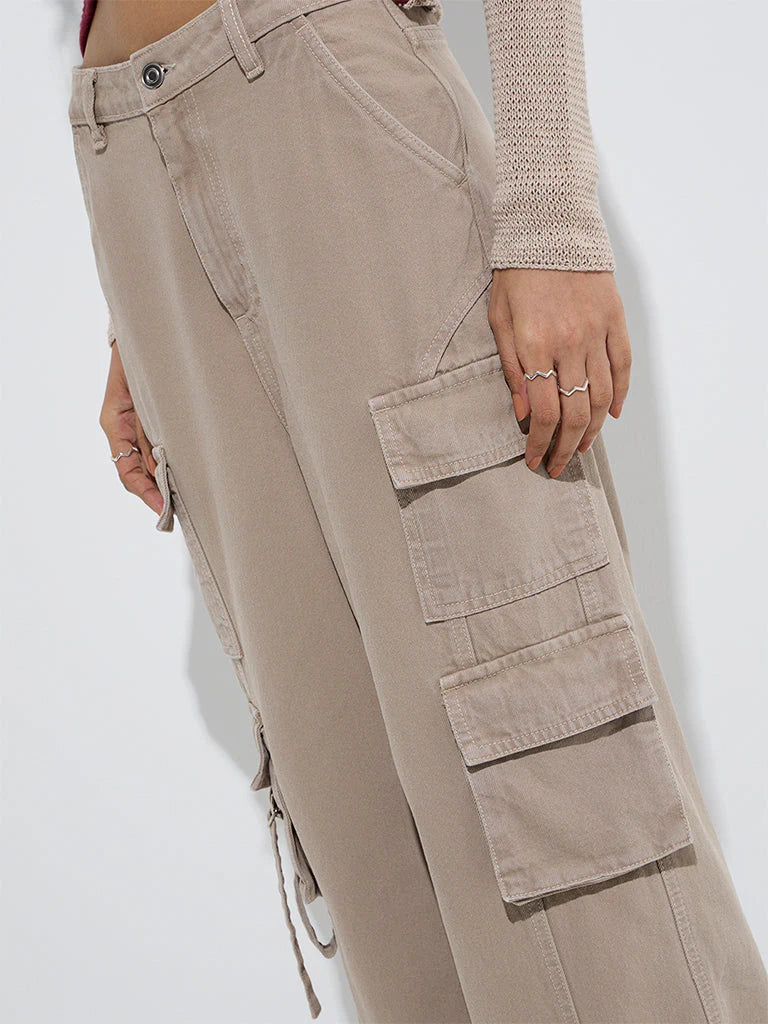 ON-LY Beige Cargo-Style Relaxed-Fit High-Rise Jeans