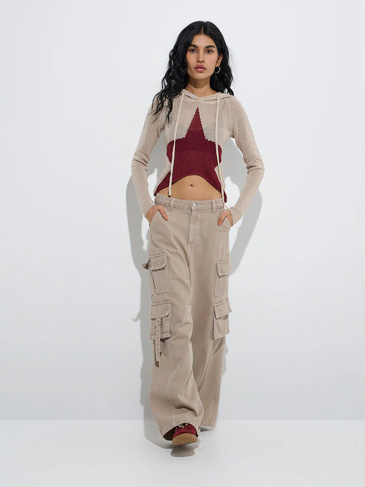 ON-LY Beige Cargo-Style Relaxed-Fit High-Rise Jeans