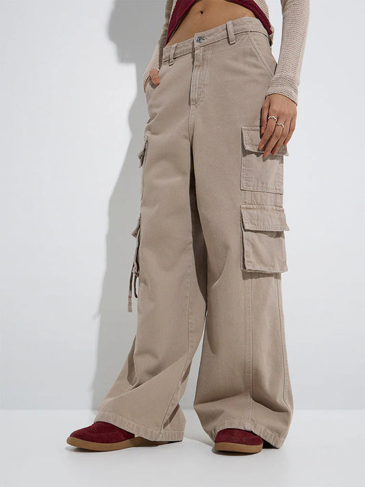 ON-LY Beige Cargo-Style Relaxed-Fit High-Rise Jeans